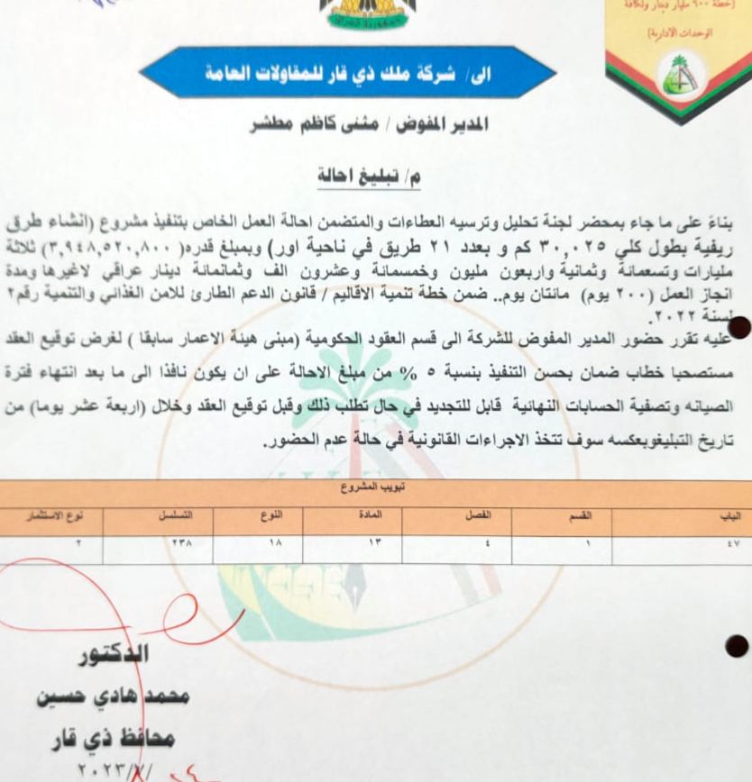 محافظ ذي قار يُحيل طريقاً ريفياً بطول 30 كم في ناحية اور للتنفيذ