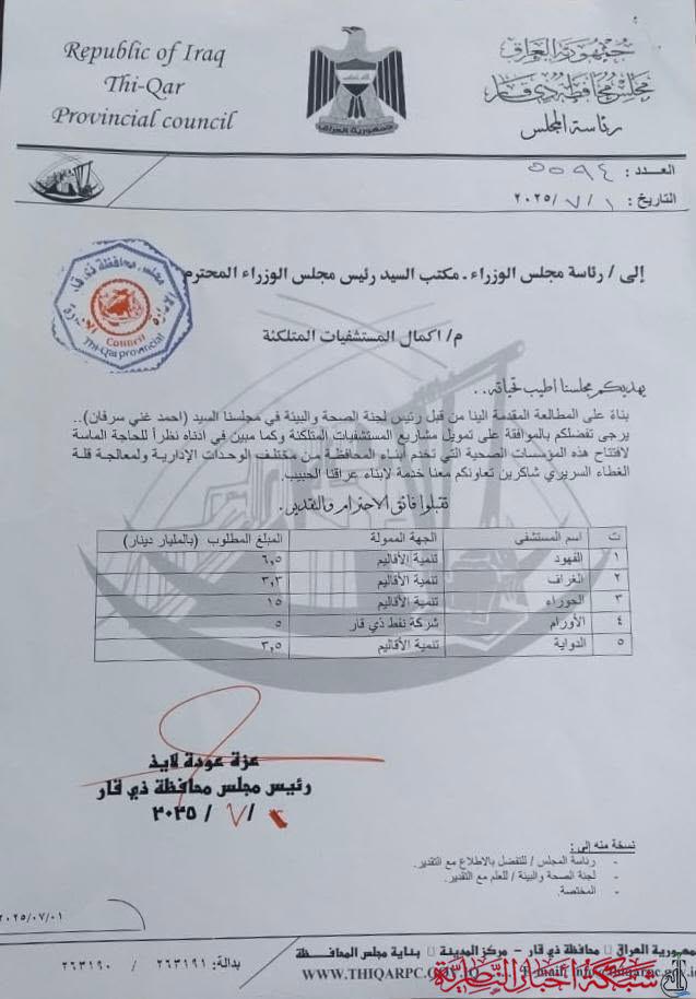 صورة من مقال: مجلس ذي قار يطالب رئيس الوزراء بإطلاق تخصيصات المستشفيات المتلكئة تمهيدًا لافتتاحها هذا العام