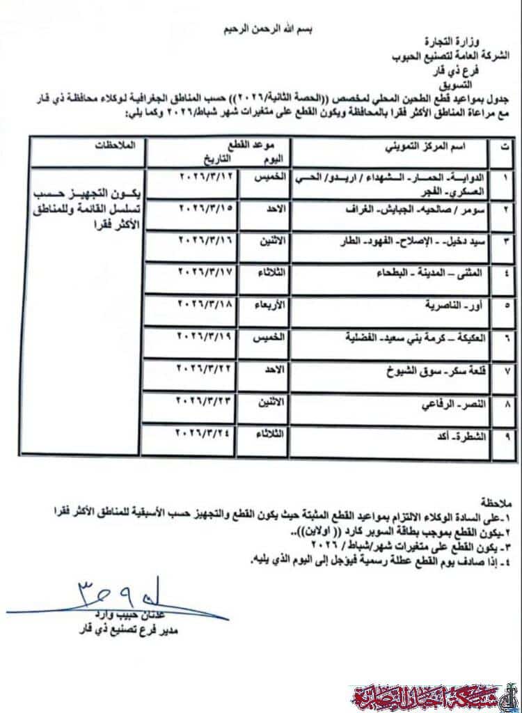 صورة من مقال: التجارة تعلن جدول الحصة الثانية من الطحين لعام 2026 في ذي قار
