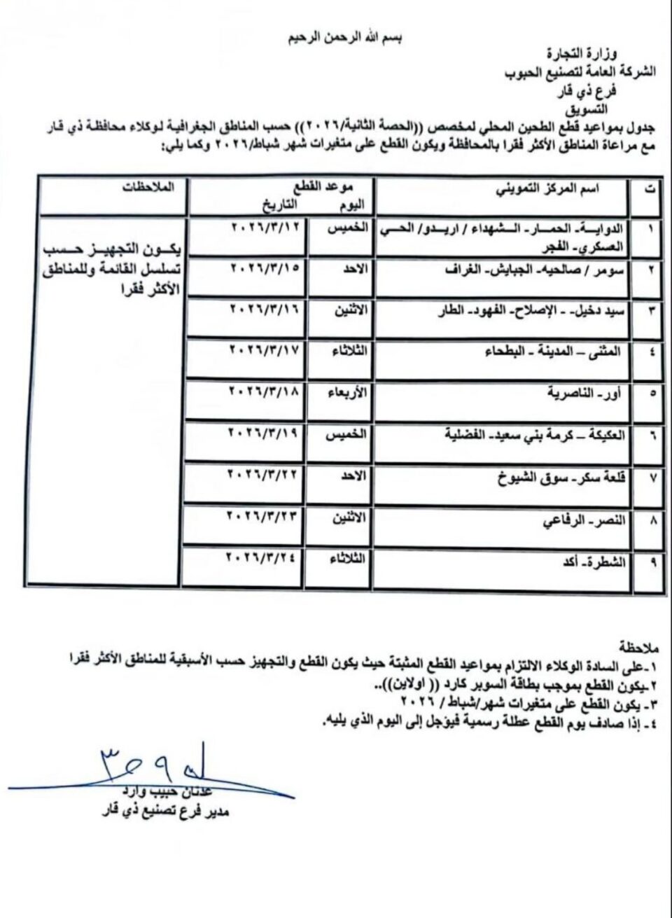 صورة من مقال: التجارة تعلن جدول الحصة الثانية من الطحين لعام 2026 في ذي قار