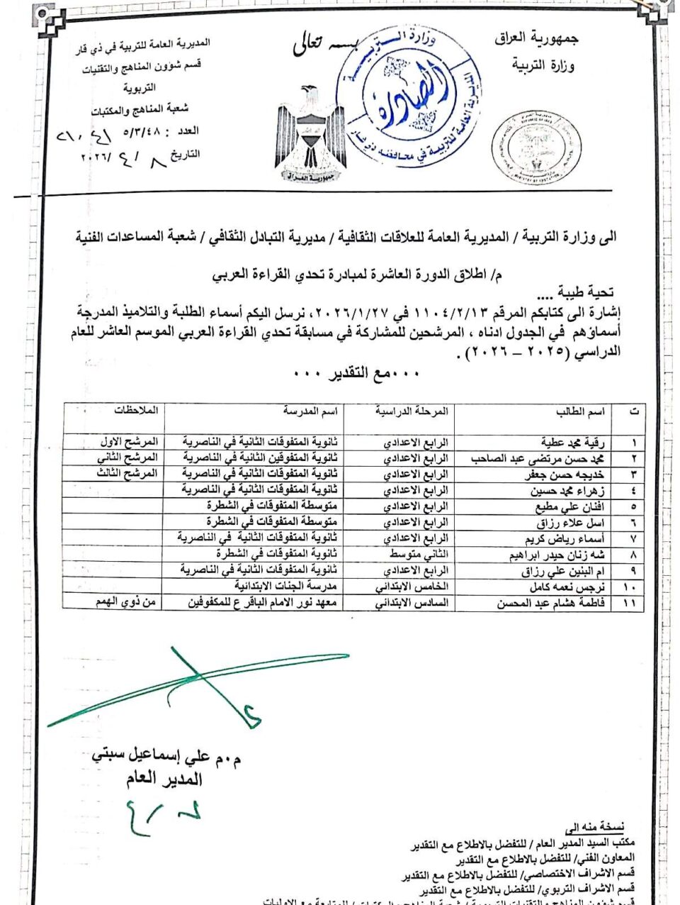 صورة من مقال: تربية ذي قار تعلن أسماء الطلبة المقبولين للمشاركة في الدورة العاشرة من تحدي القراءة العربي